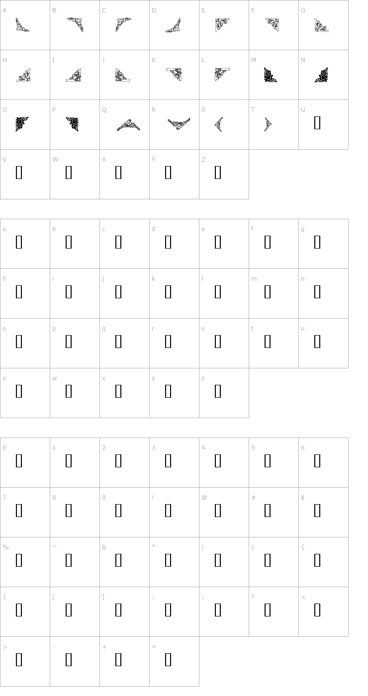 Character Map 101! Floral Corners 3 Font