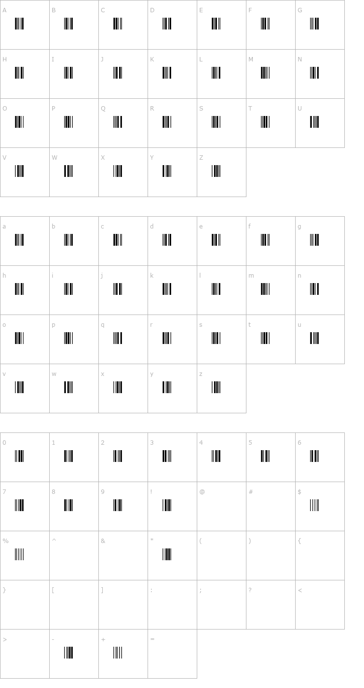 Character Map 3 of 9 Barcode Font