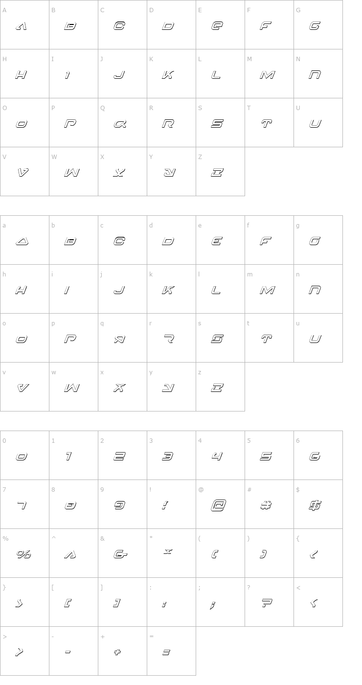 Character Map 4114 Blaster 3D Italic Font