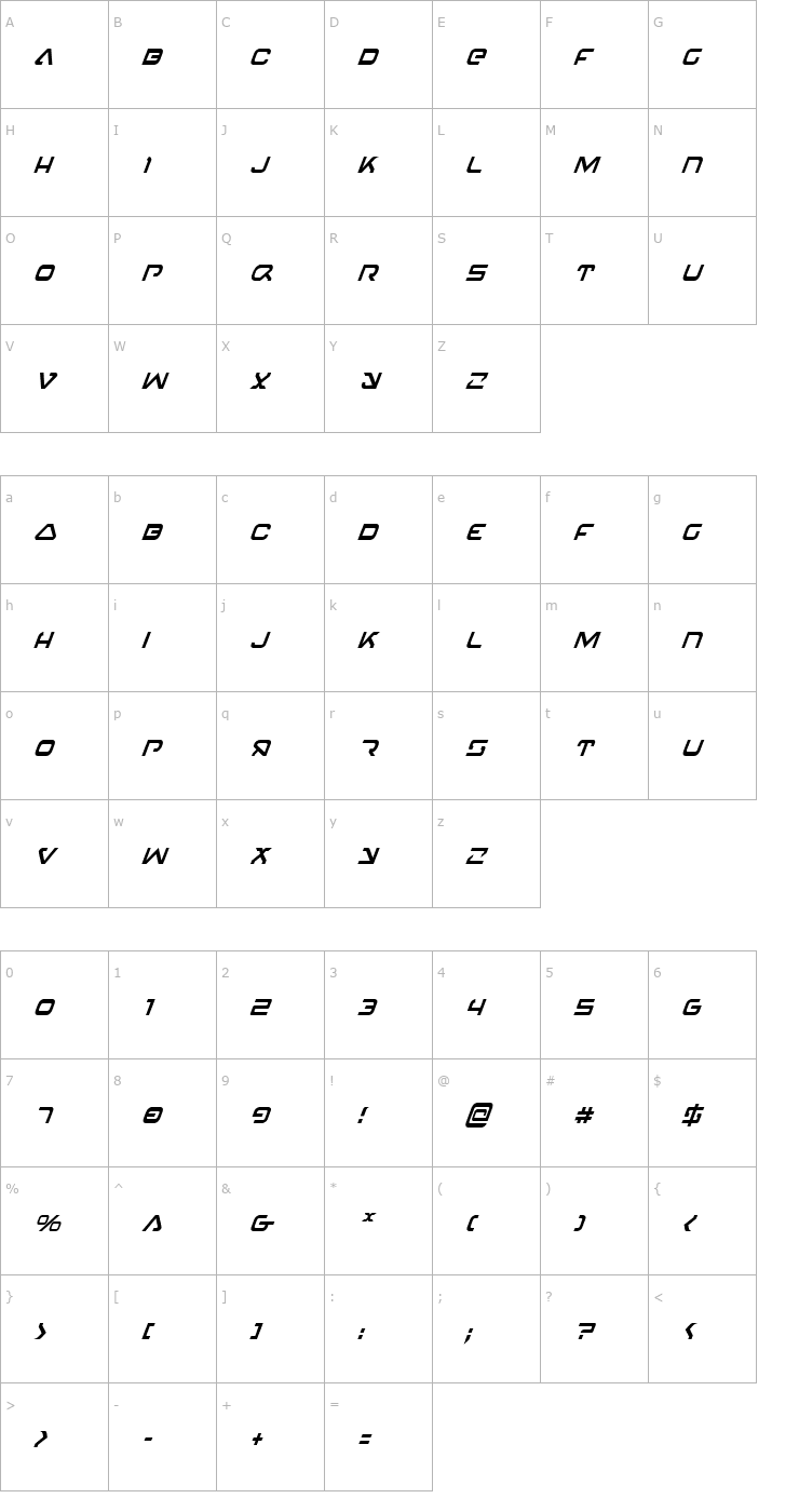 Character Map 4114 Blaster Condensed Italic Font