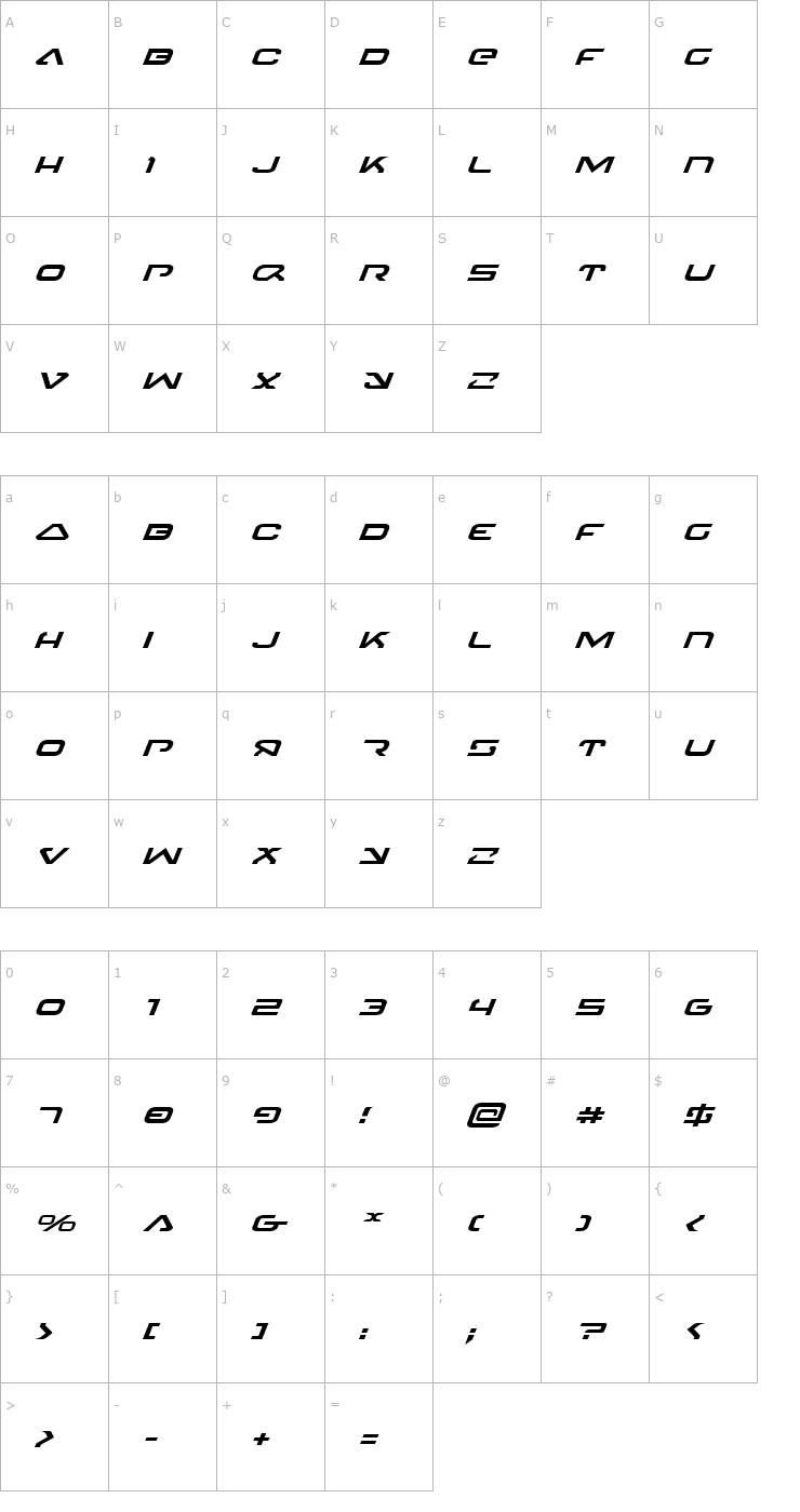 Character Map 4114 Blaster Expanded Italic Font