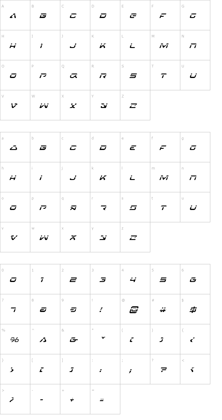 Character Map 4114 Blaster Laser Italic Font