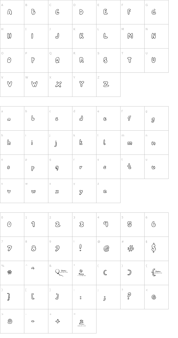 Character Map 80er Teenie Demo Font