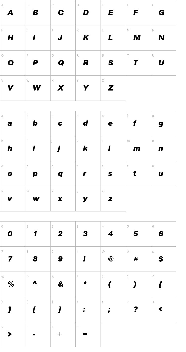 Character Map Accidalia URW Bold Italic Font