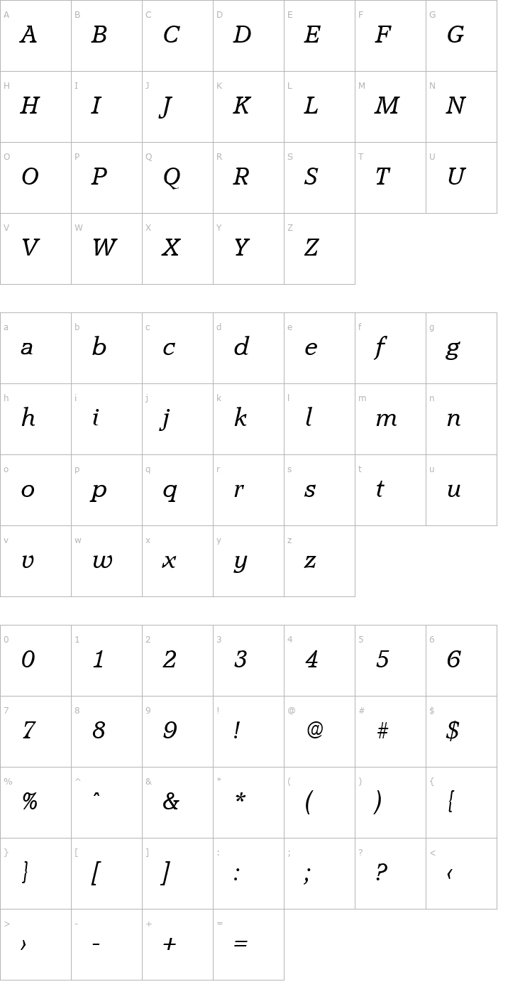 Character Map Accolade-Serial-RegularItalic Font