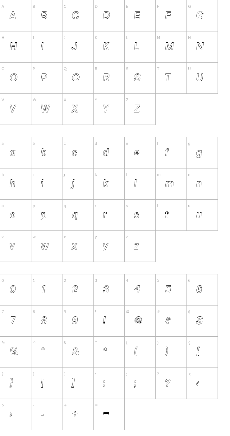 Character Map AdamBeckerOutline-Medium-Italic Font