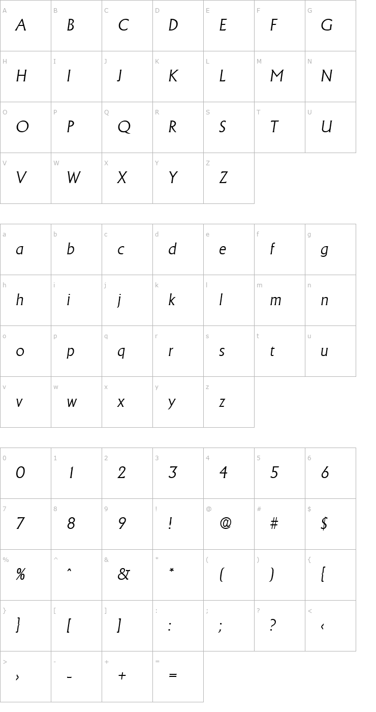 Character Map Adelon-Serial-Light-RegularItalic Font