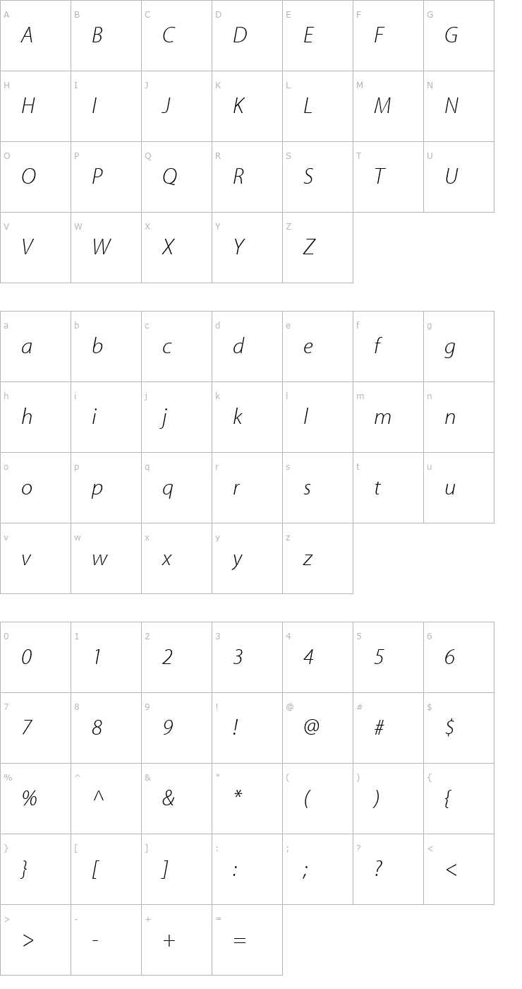 Character Map AdobeCorporateIDMyriad-Light Italic Font