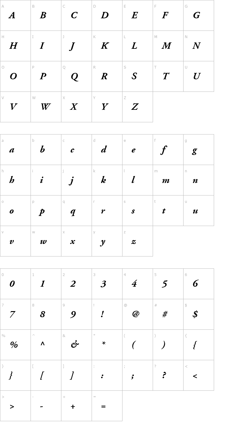 Character Map AdobeGaramond-Bold Italic Font