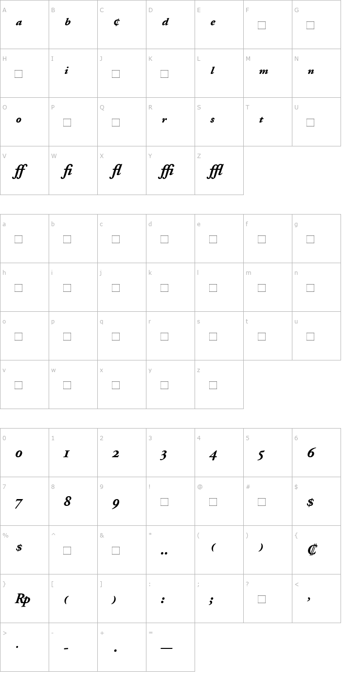 Character Map AdobeGaramondExpert-Bold Italic Font