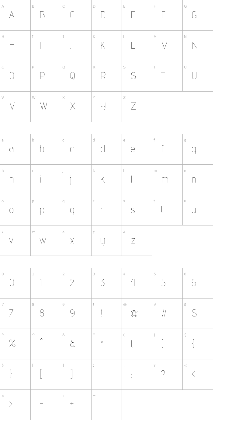 Character Map Advent Pro Thin Font