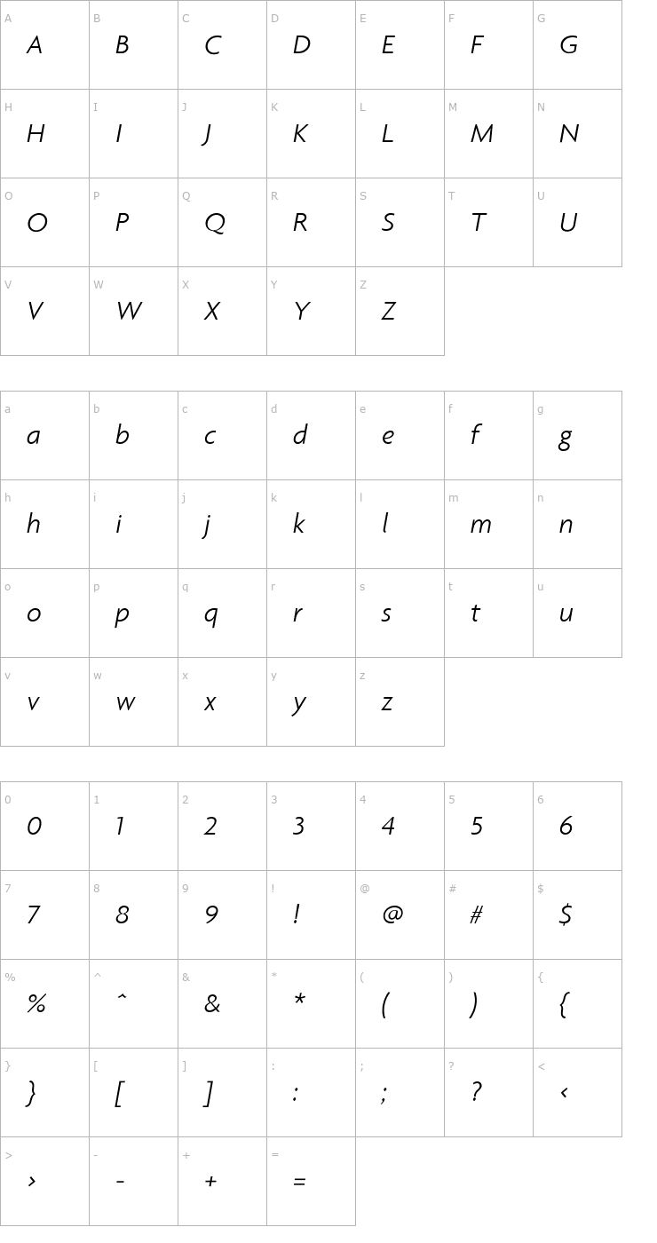 Character Map Agenda-LightItalic Font