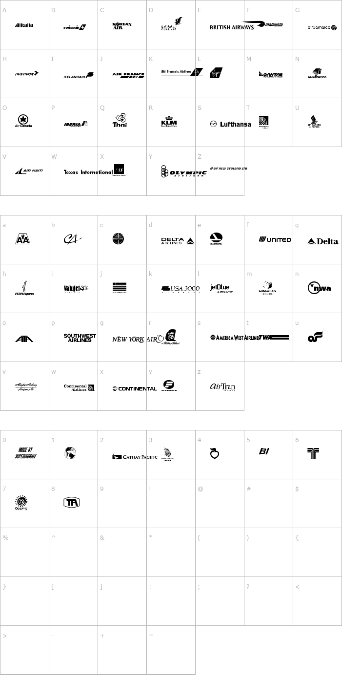 Character Map Airline Logos Past and Present Font