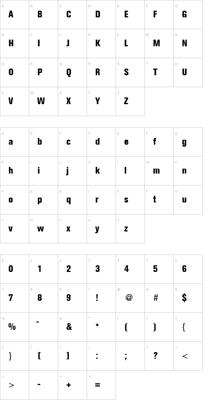 Character Map AkzentCondExtrabold-Regular Font