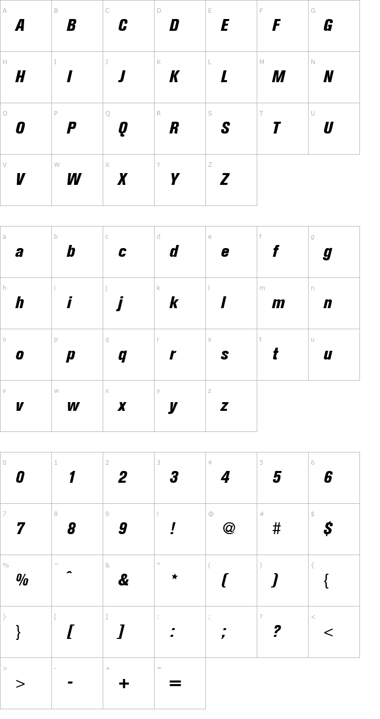 Character Map AkzentCondExtrabold-RegularItalic Font