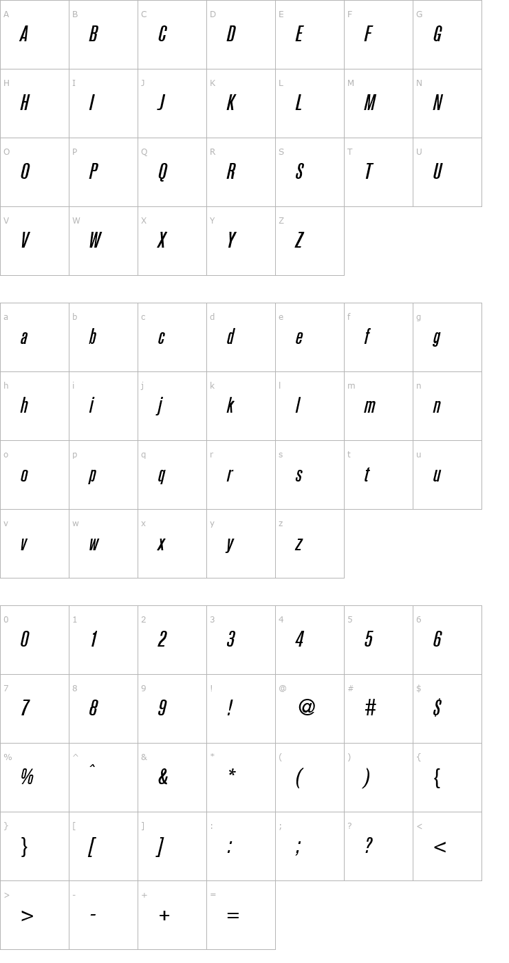 Character Map AkzentCondMedium-RegularItalic Font