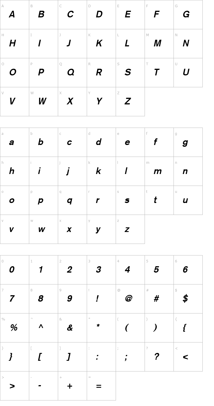 Character Map Akzidenz Grotesk Light Bold Italic Font