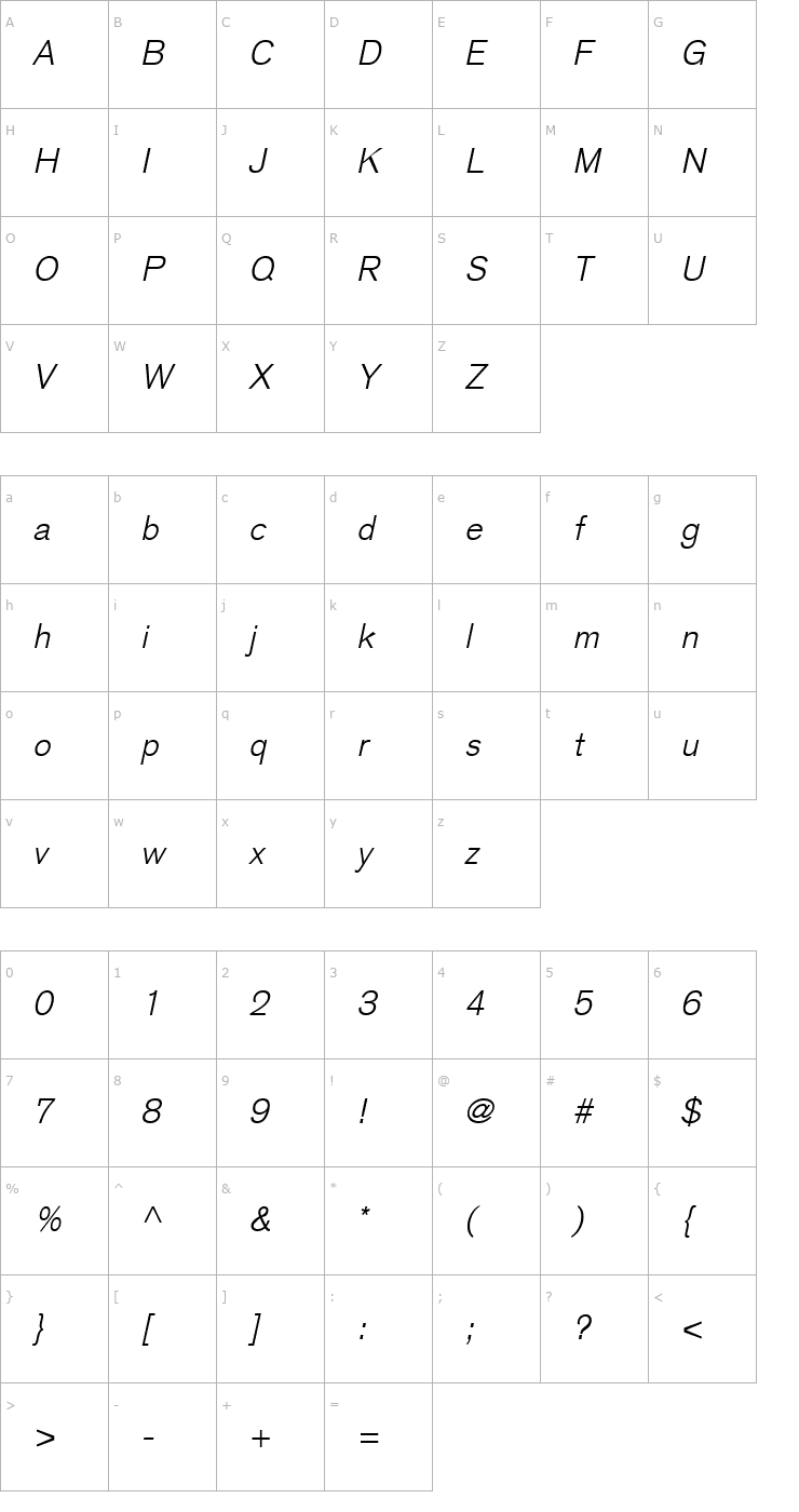 Character Map Akzidenz Grotesk Light Italic Font