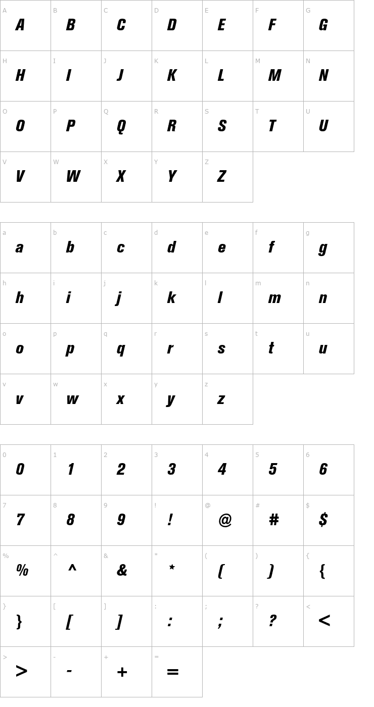 Character Map AkzidenzGroteskBE-XBdCnIt Font