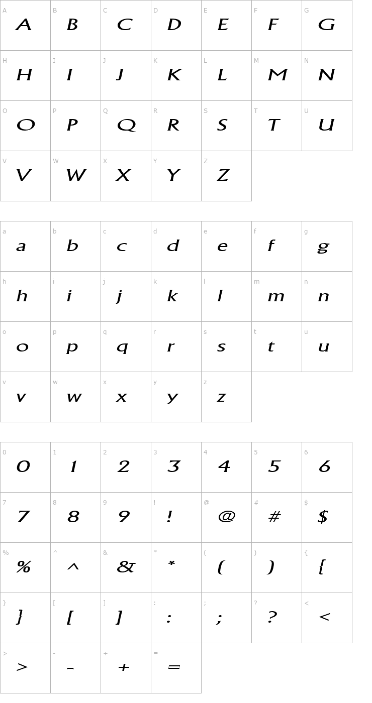 Character Map AlbertaWideLight Italic Font