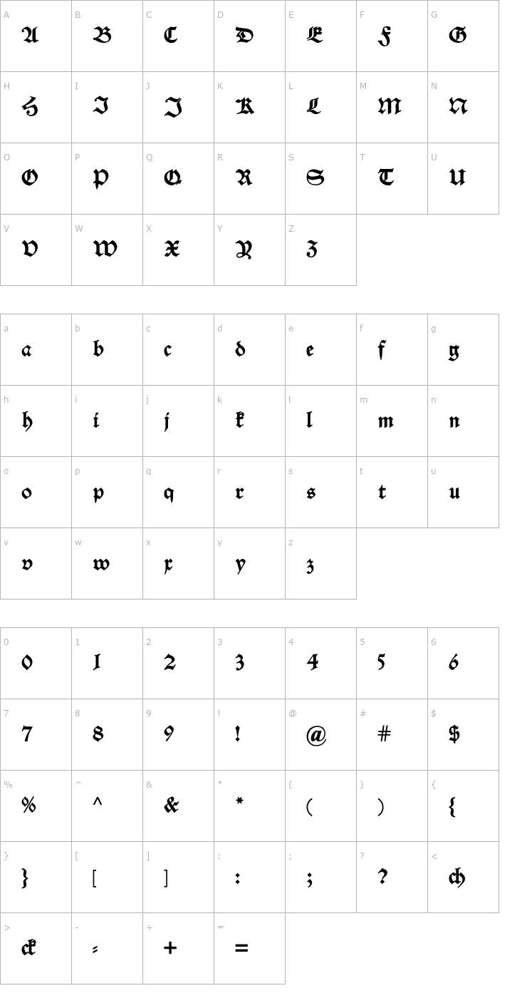 Character Map Alte Schwabacher DemiBold Font