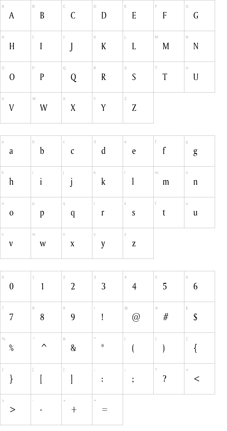 Character Map Ameretto Condensed Normal Font