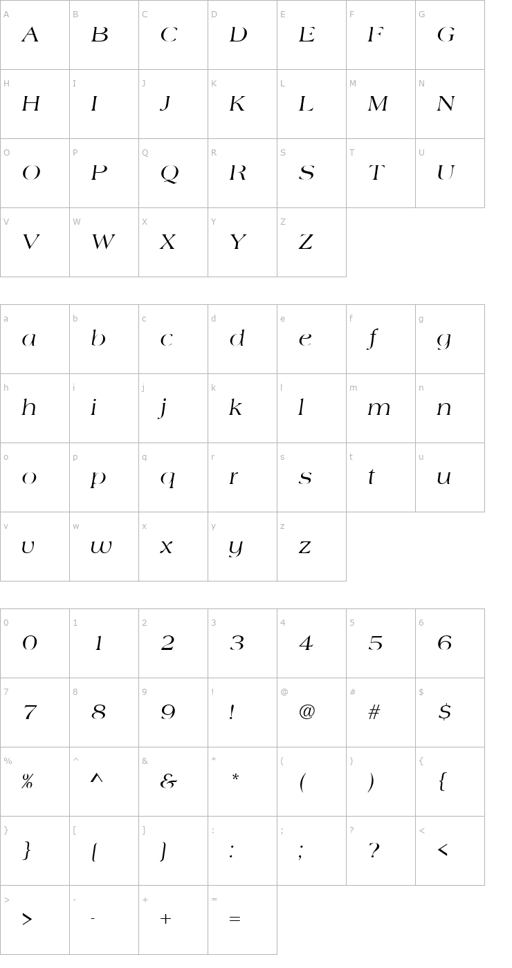 Character Map Americana_Becker_Italic Font