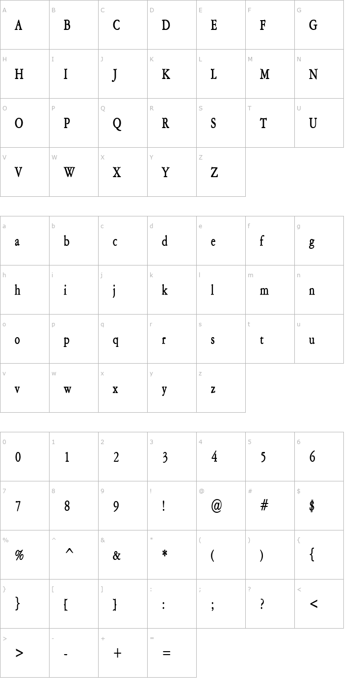 Character Map Amery Condensed Bold Font