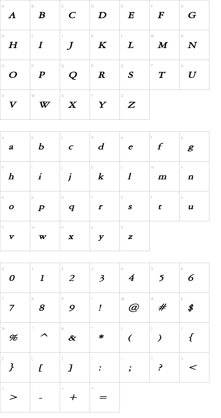 Character Map Amery Wide BoldItalic Font