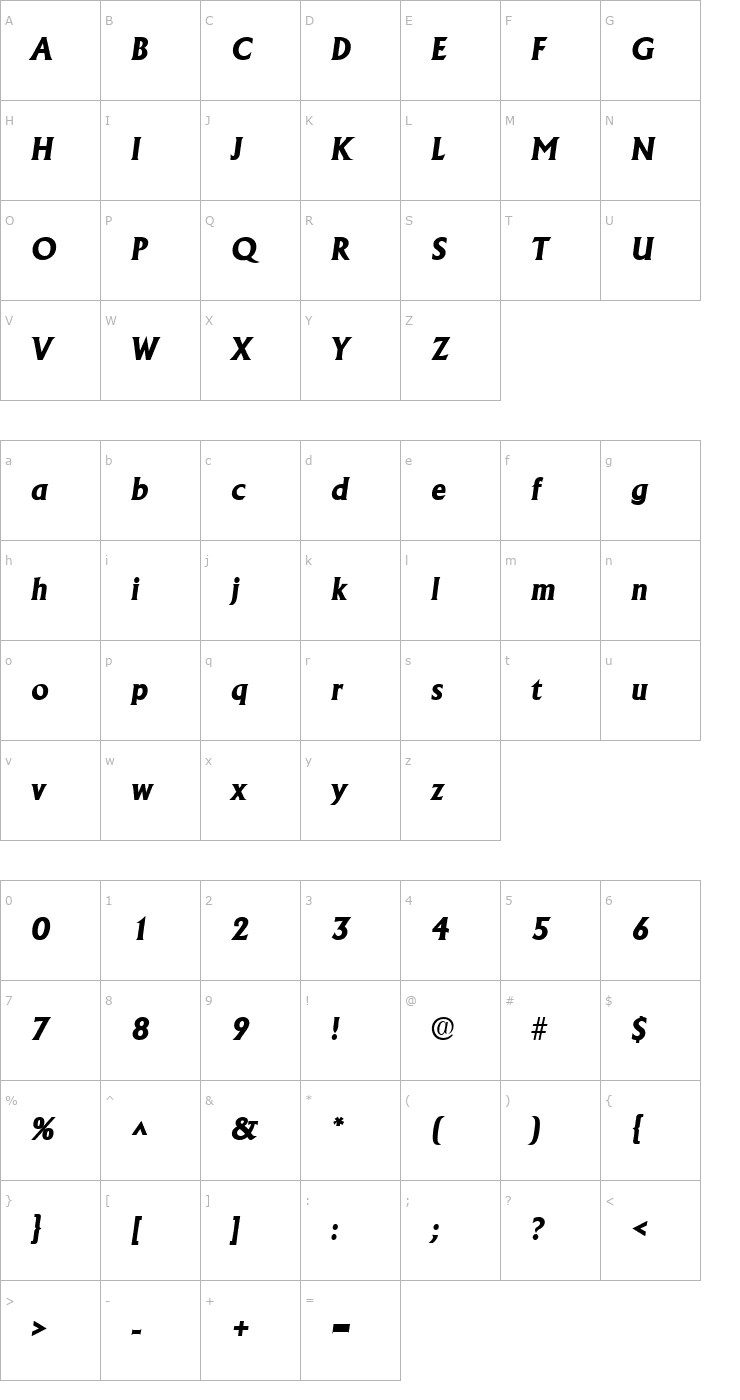 Character Map Andre Heavy SF Bold Italic Font