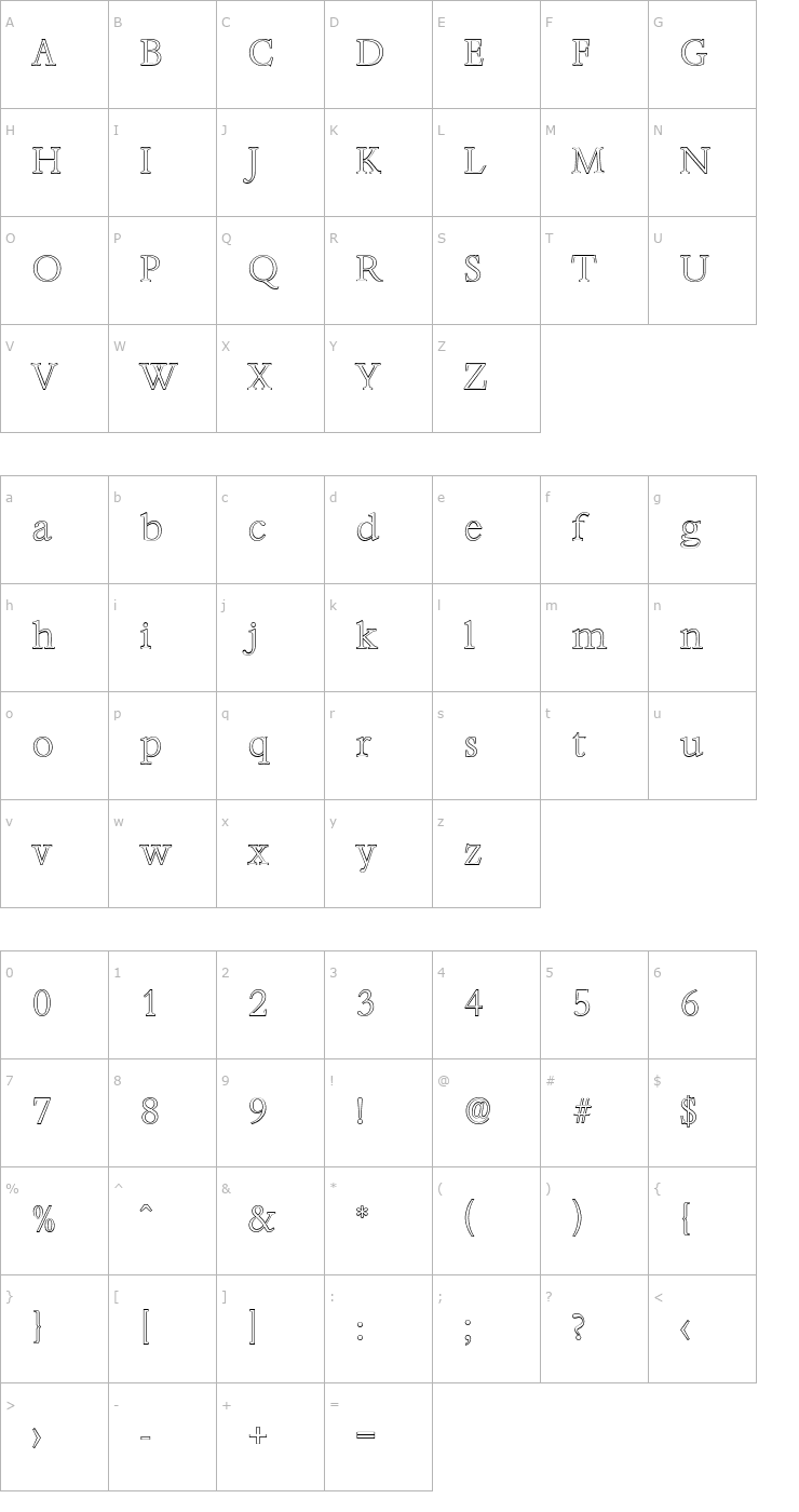 Character Map AndrewBeckerOutline-ExtraLight Font