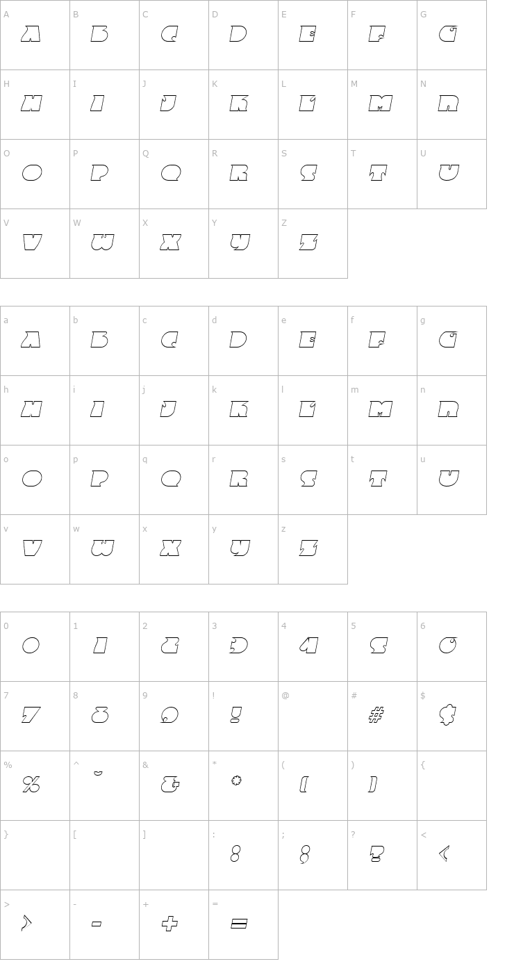 Character Map AngelaBeckerOutline Bold Italic Font