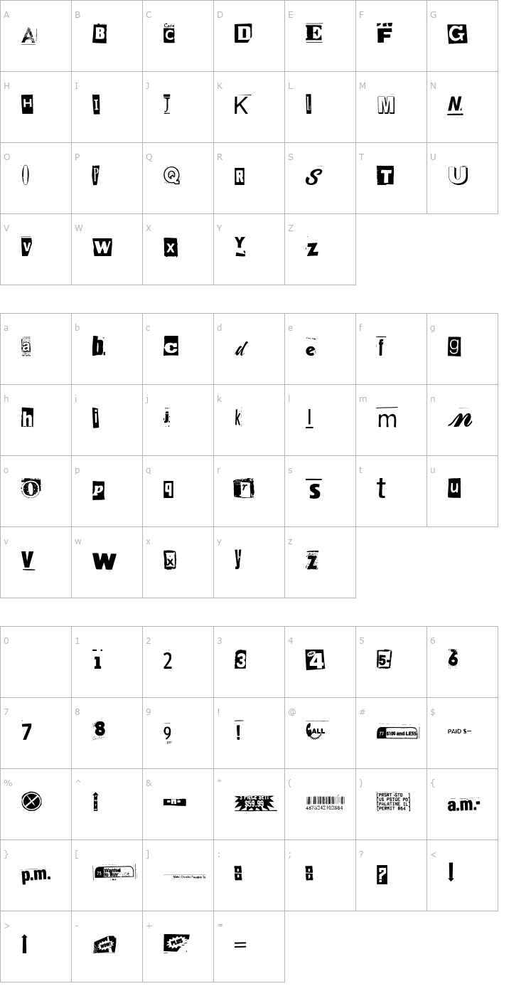 Character Map Anonymous Clippings Font