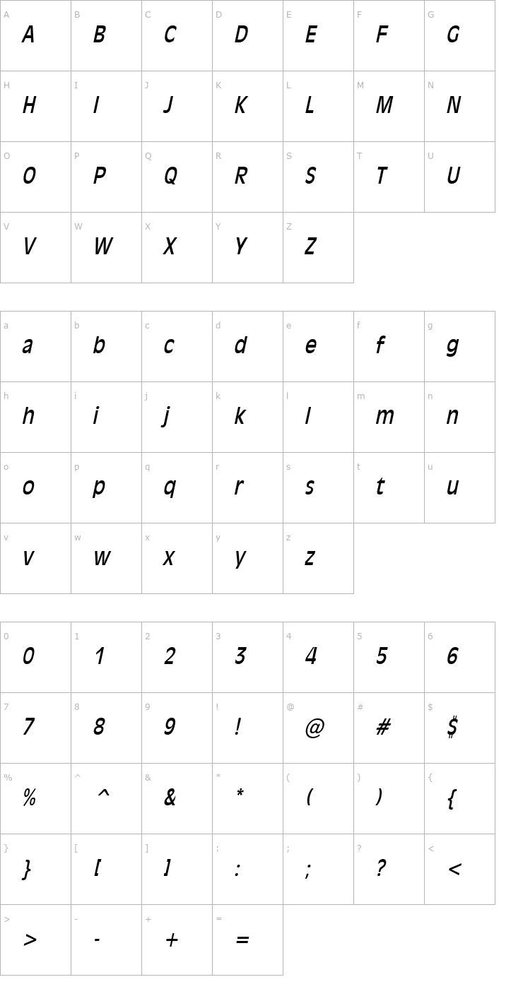 Character Map Antiqua 101 Condensed Italic Font