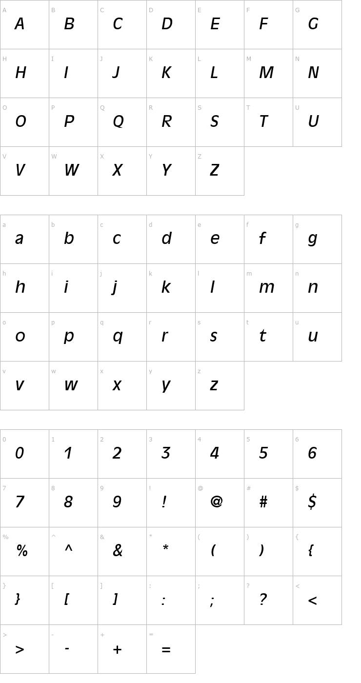 Character Map AntiqueOliveEastA-Italic Font