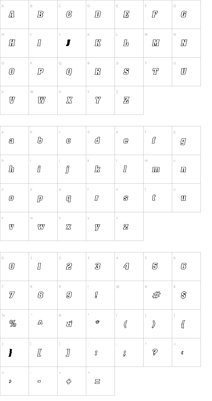 Character Map ApexOutline Oblique Font