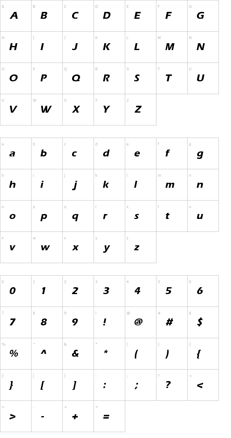 Character Map AquilineExtraBoldItalic Font