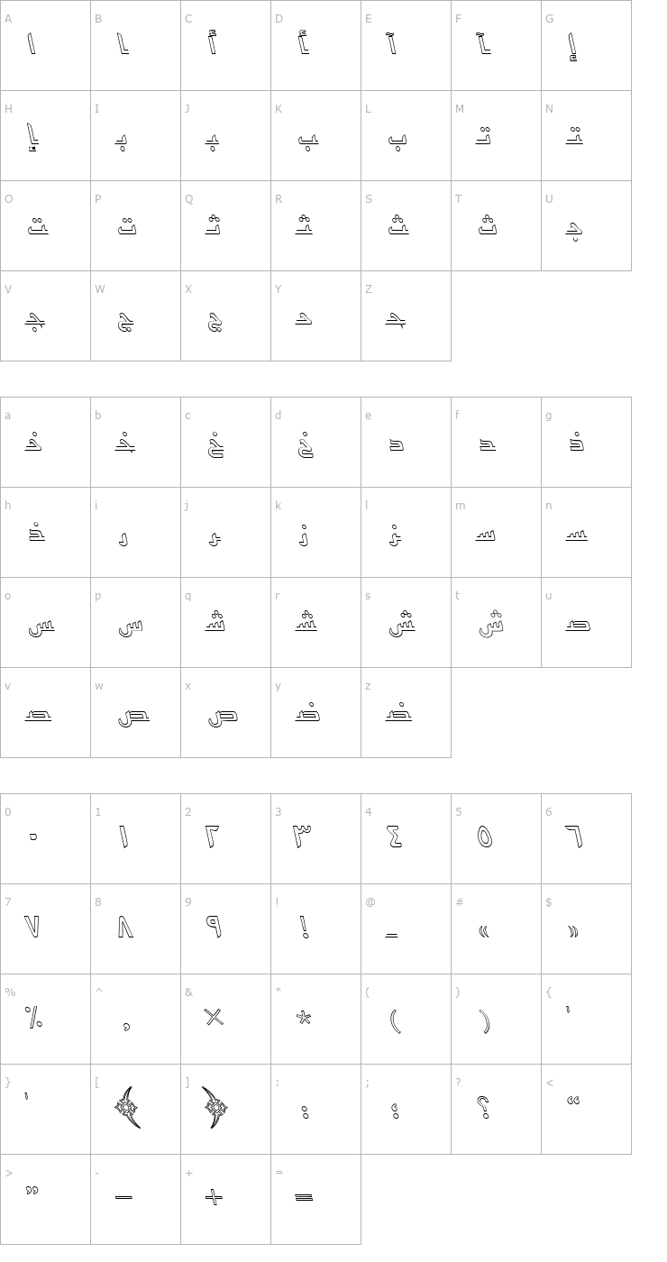 Character Map ArabicKufiOutlineSSK Italic Font