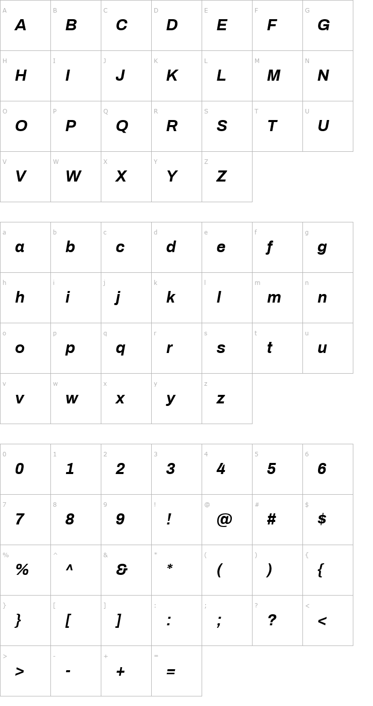 Character Map Archivo Bold Italic Font