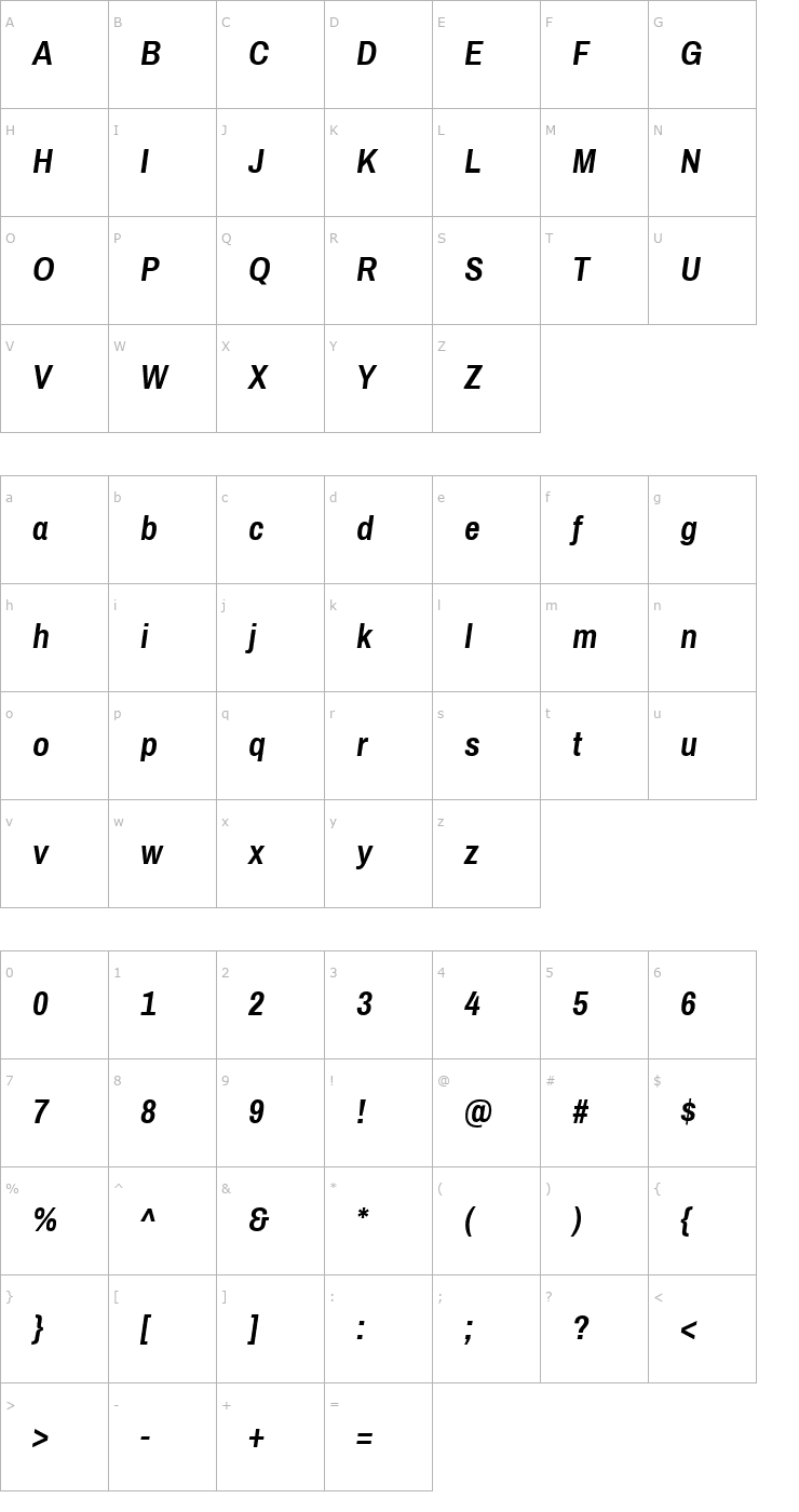 Character Map Archivo Narrow Bold Italic Font