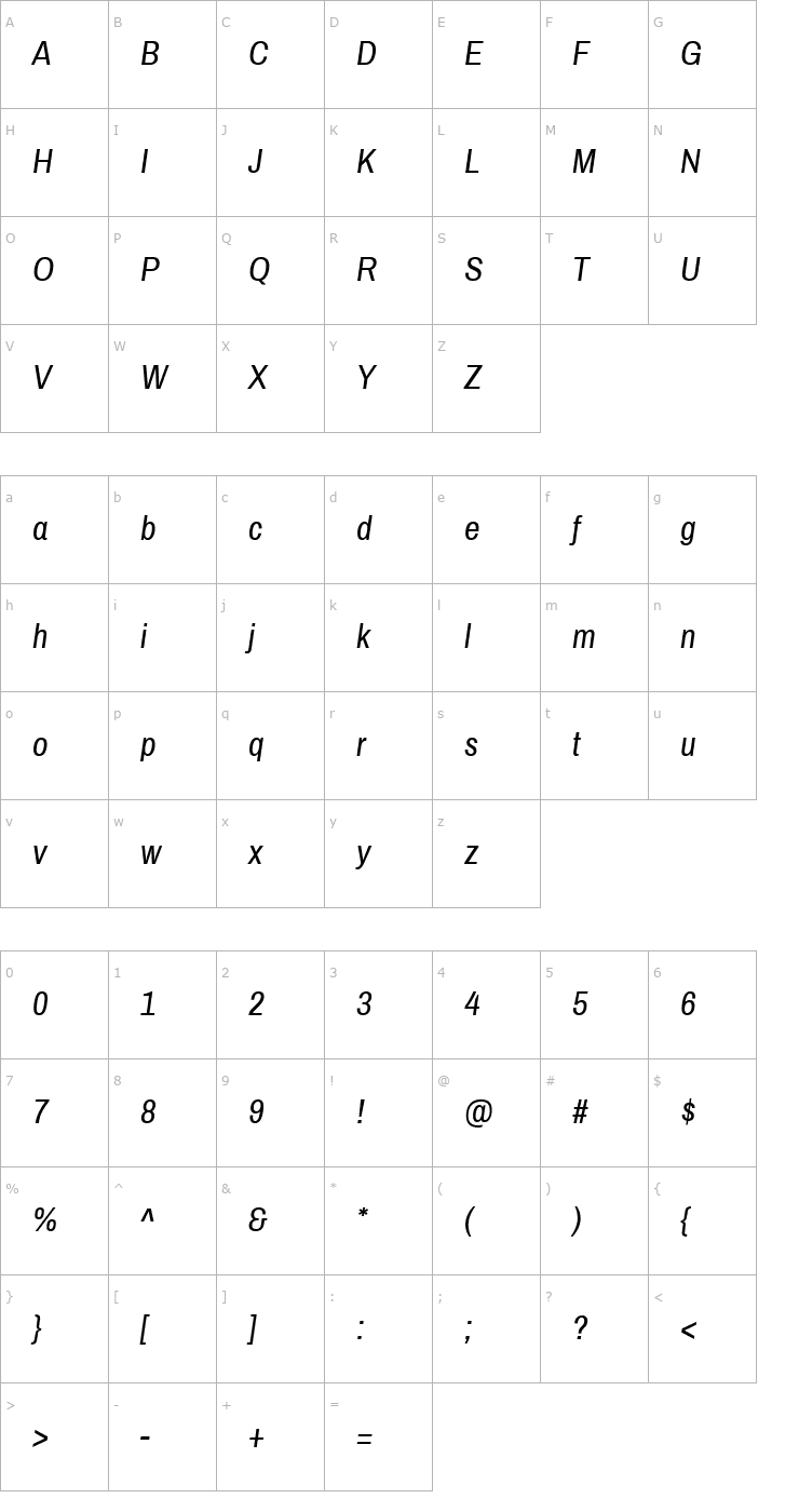 Character Map Archivo Narrow Italic Font