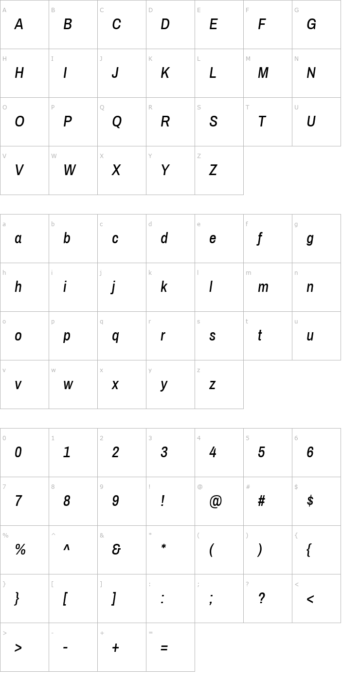 Character Map Archivo Narrow Medium Italic Font