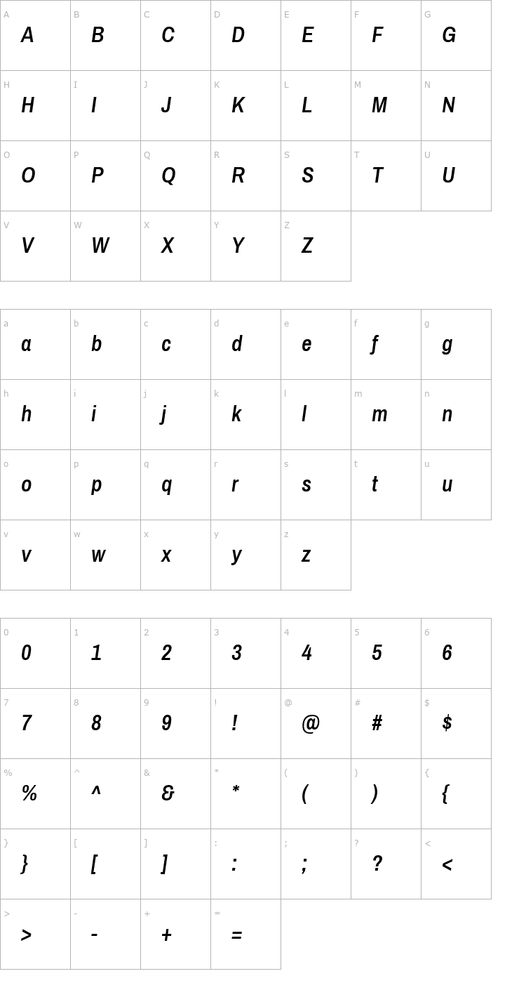 Character Map Archivo Narrow SemiBold Italic Font