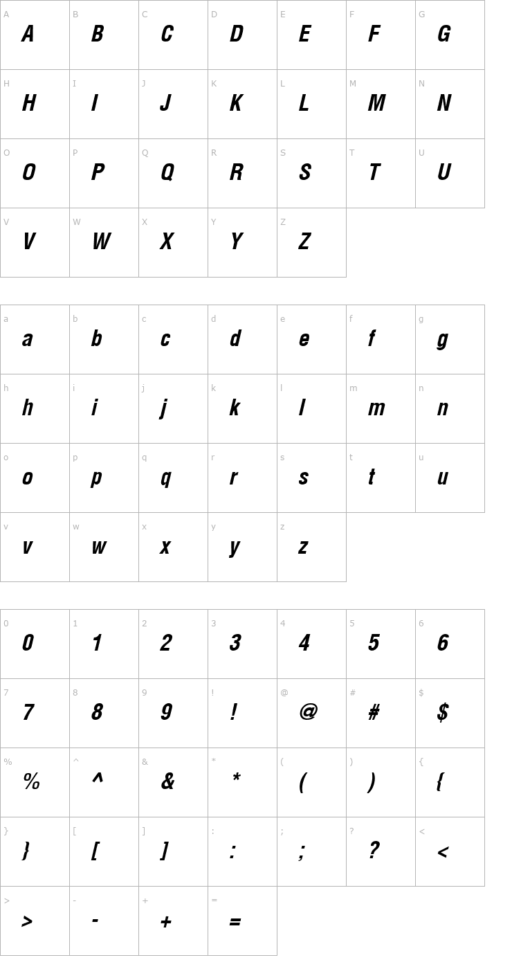 Character Map Arena Condensed Bold Italic Font