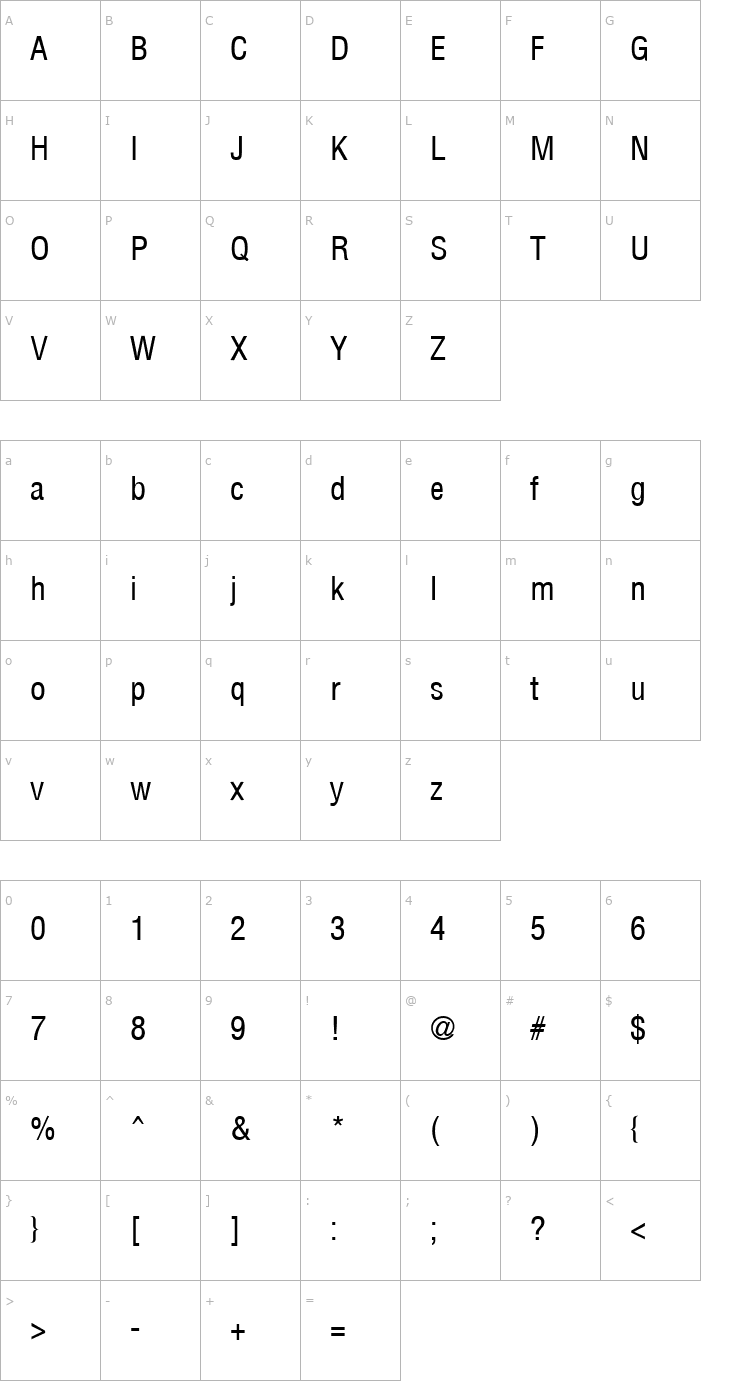 Character Map ArenaCondensed Regular Font