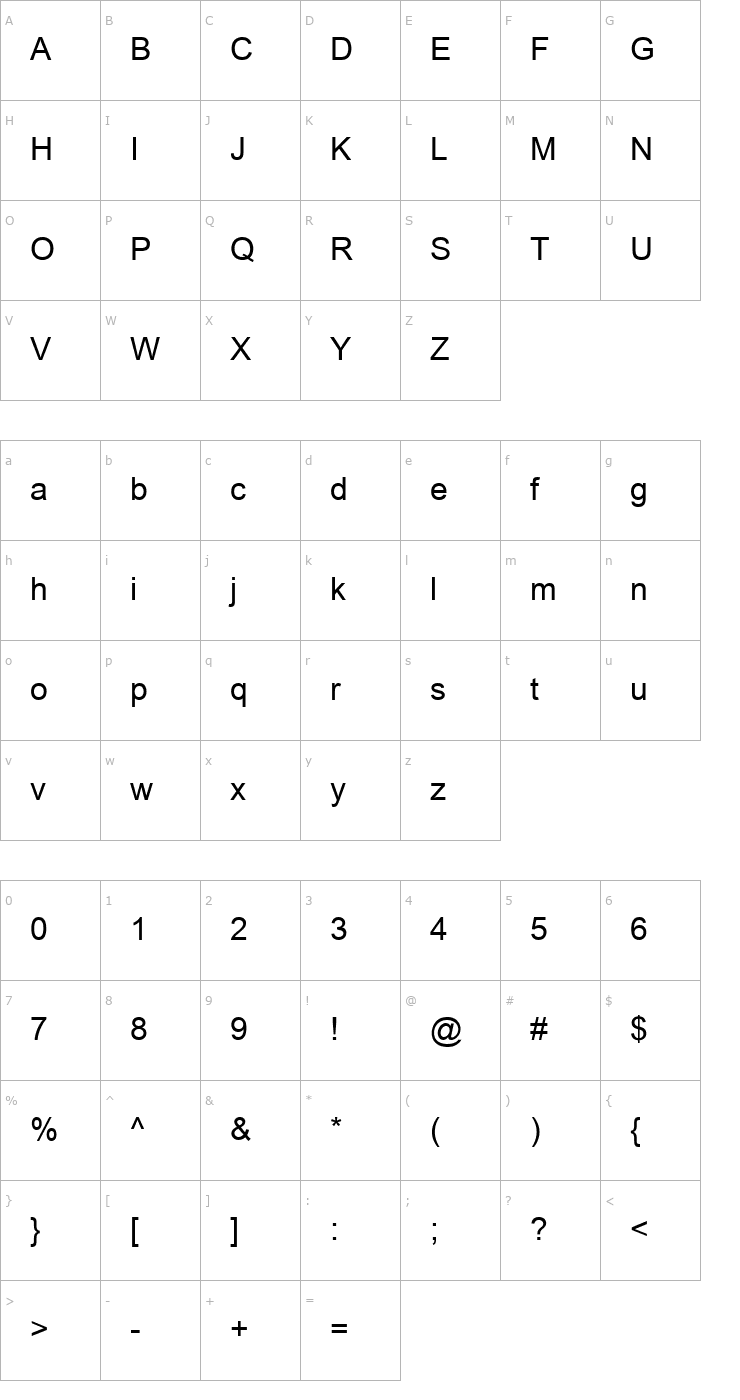 Character Map Aria Font