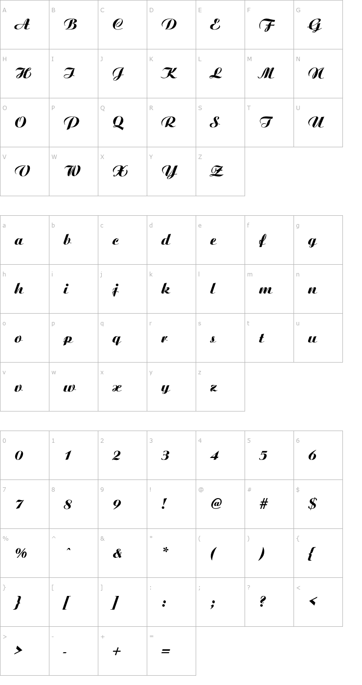 Character Map Ariston-ExtraBold-Italic Font