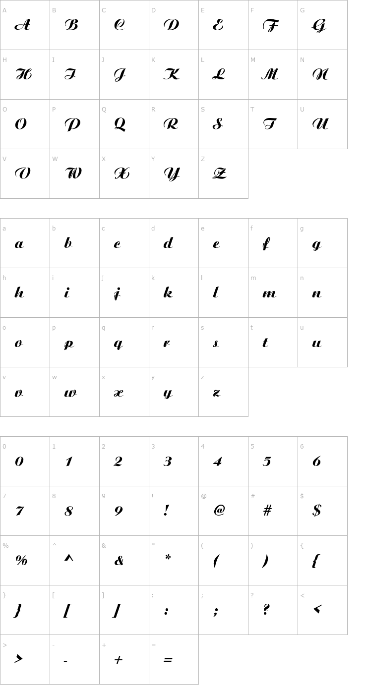 Character Map Ariston-Normal-Italic Font