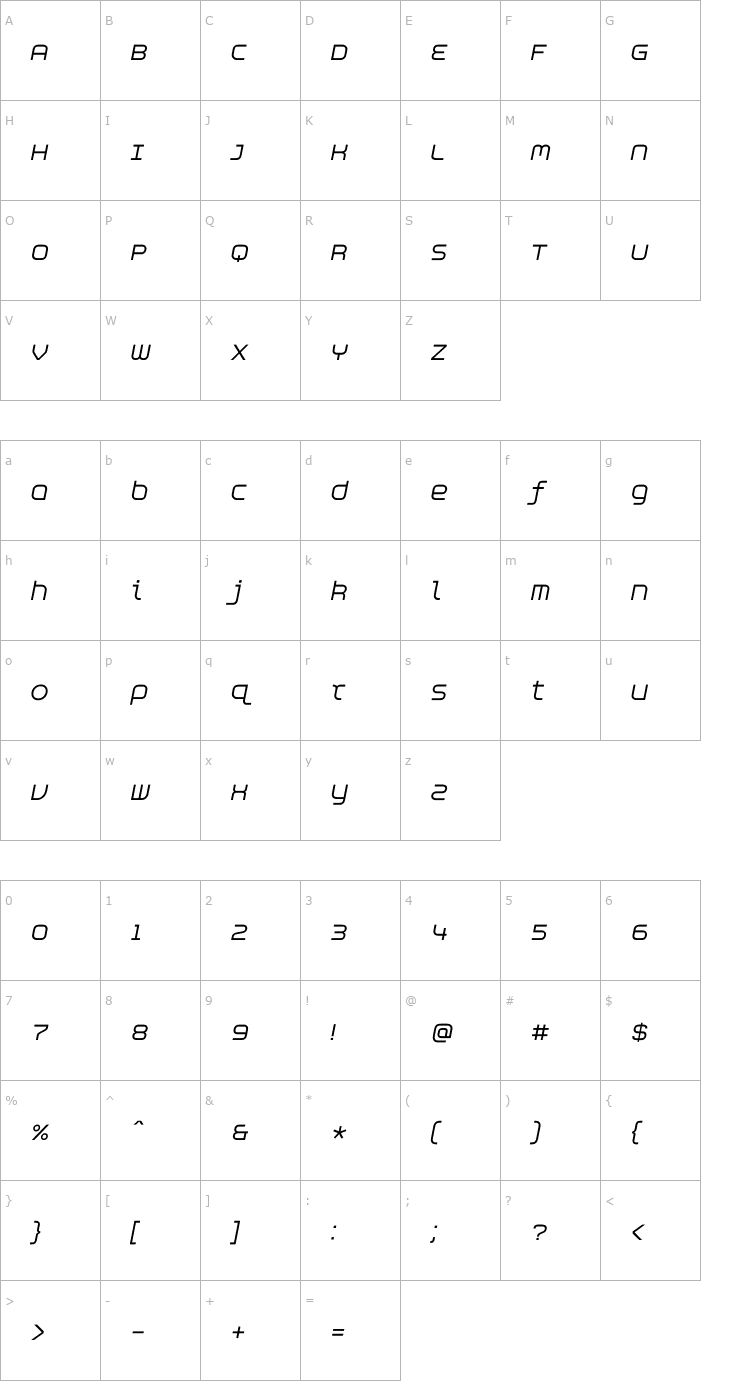 Character Map Aspirin AdvanceItalic Font