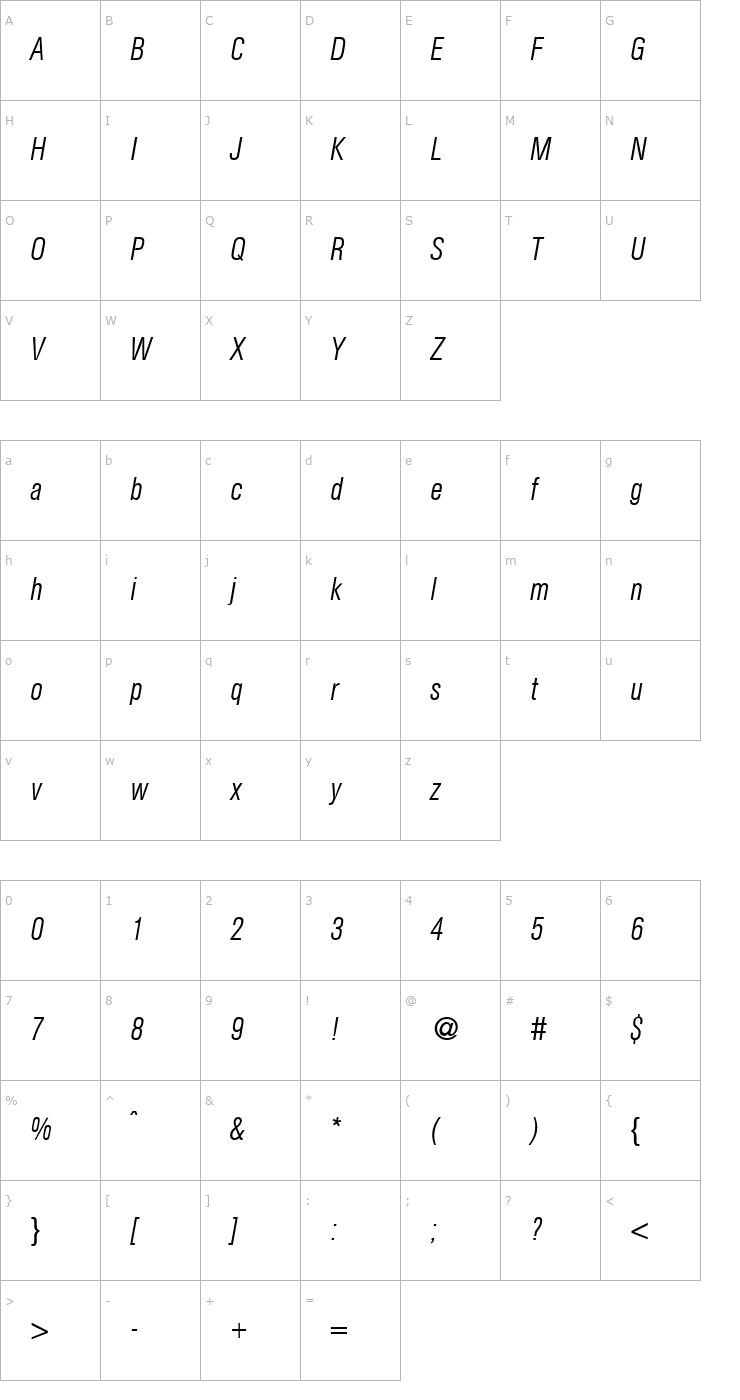 Character Map AtkinsCondLight-RegularItalic Font